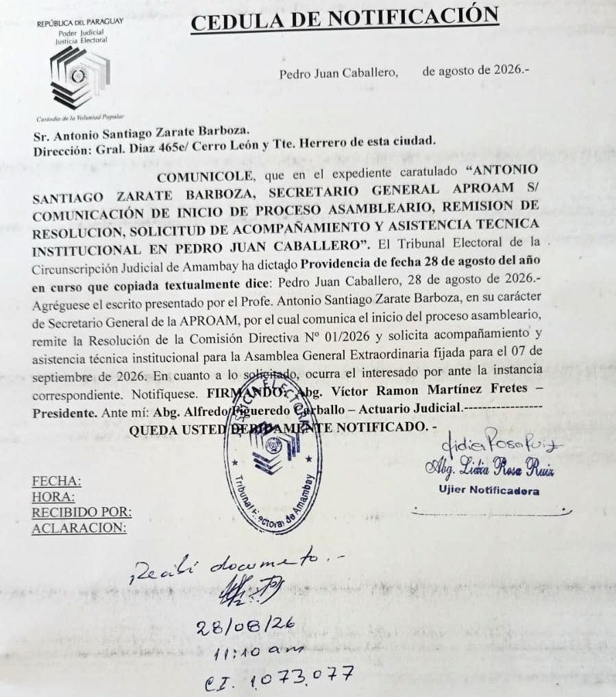 Justicia Electoral autoriza proceso asambleario de la APROAM en Pedro Juan Caballero